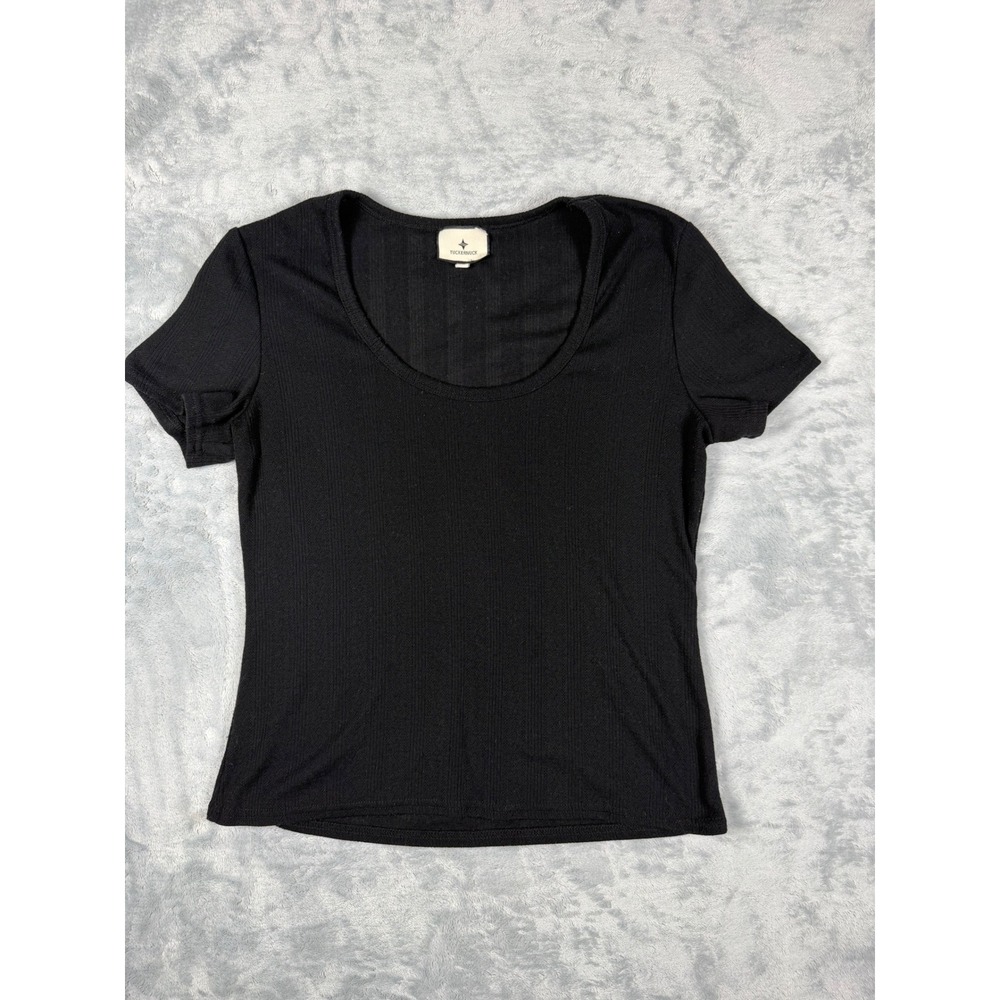 Tuckernuck Women Black Ribbed Scoop Neck Short Sleeve Top Size L Y24317T